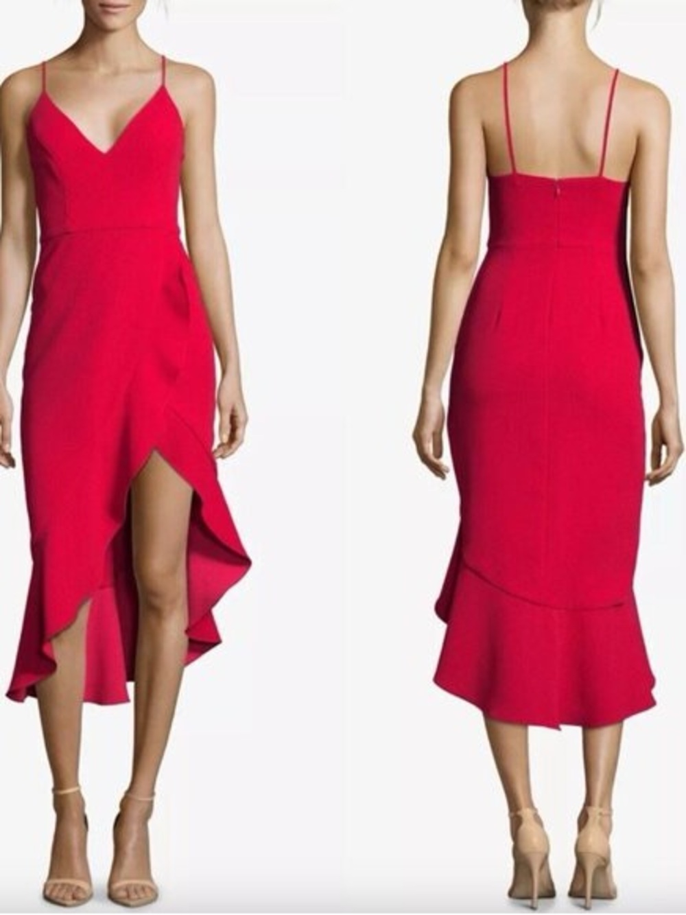 Xscape Asymmetrical Ruffle Dress (Red) - Picture 2 of 6